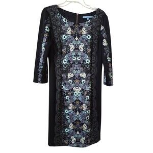Antonio Melani Black Blue Floral Scuba Dress Work Cocktail Stretch Women's 6 A15